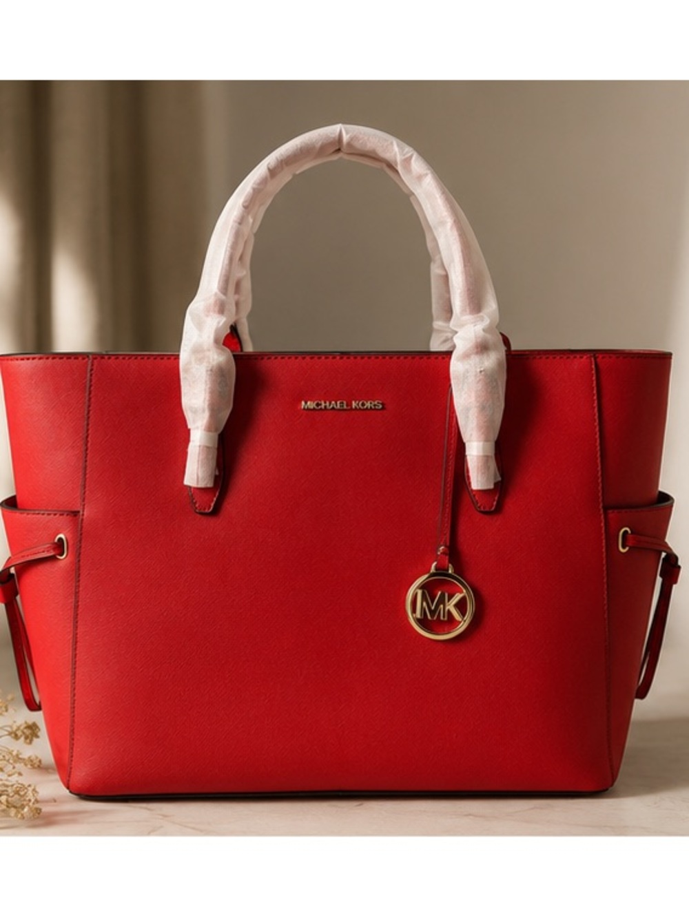 Michael Kors Red Saffiano Leather Tote with Gold MK Charm